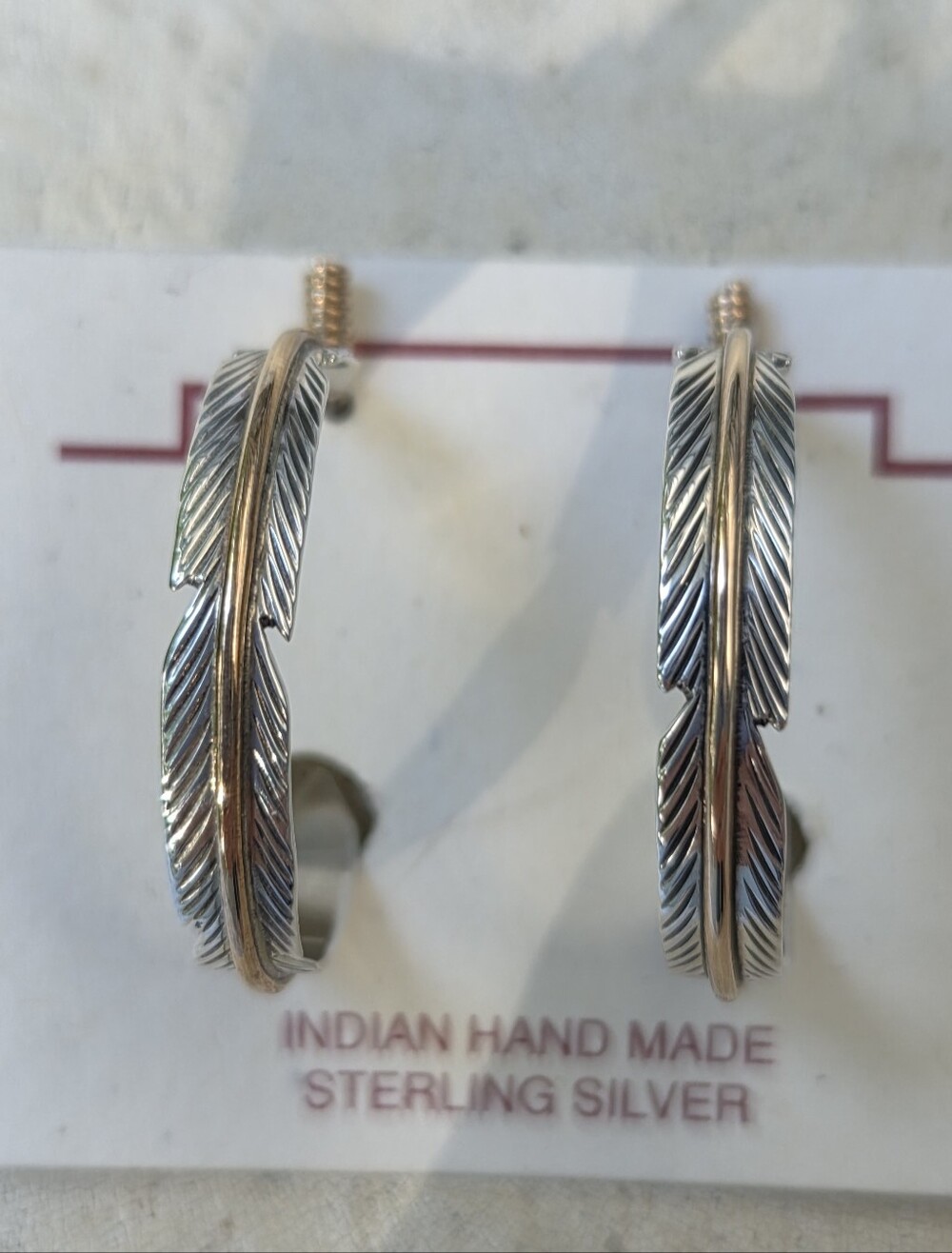Harvey Mace Vintage Navajo Sterling Silver/12K GF Feather Hoop Earrings NEW